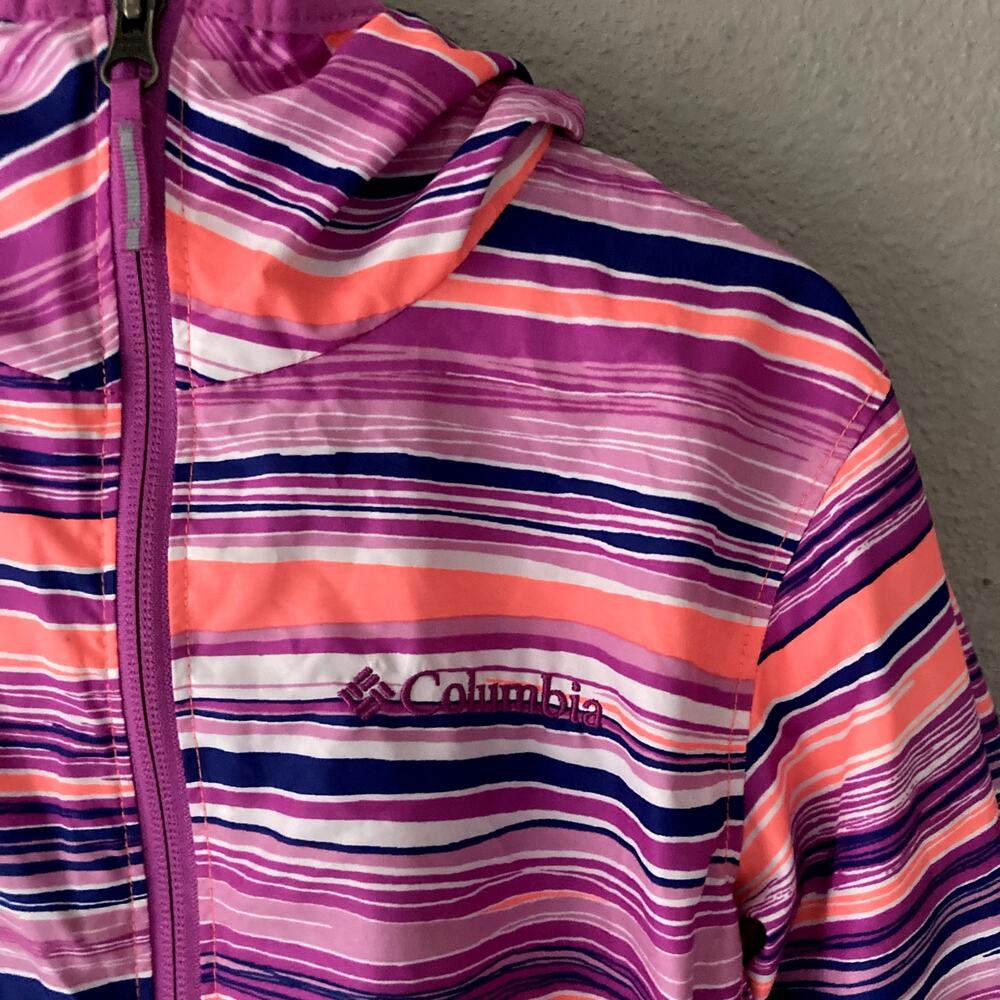 Columbia Pixel Grabber Lightweight Jacket Hood Stripes Pink Orange Blue M 10/12 - Picture 2 of 9